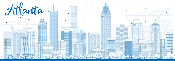 590x206 Vector Building Outline Atlanta Skyline With Blue Buildings