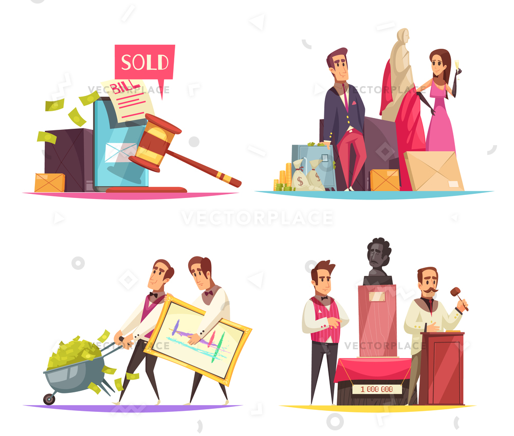 Auction Design Concept Flat Doodle Style Vector Illustration 1000x850 Auction Design Concept Flat Doodle Style Vector Illustration