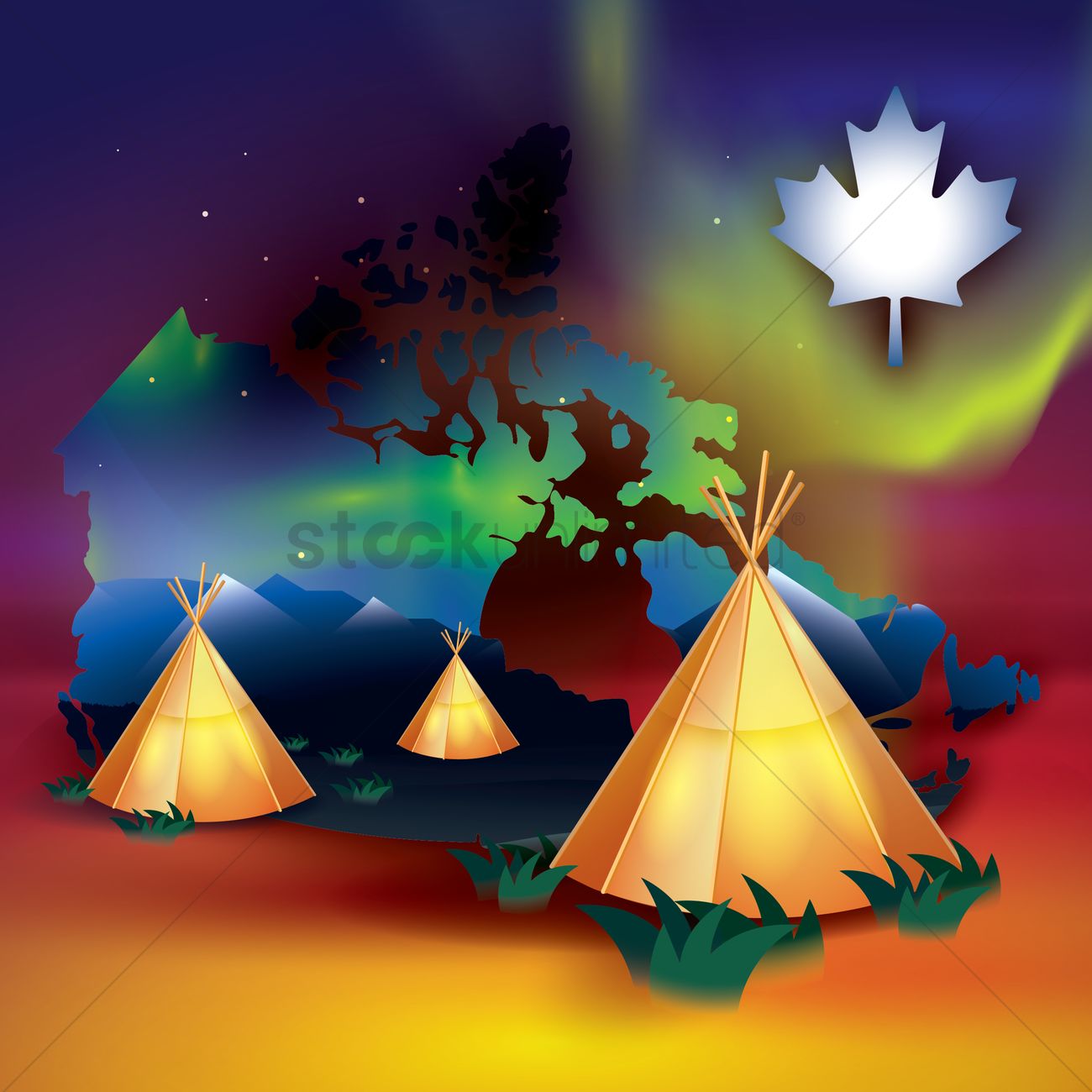 1300x1300 Tepees With Aurora Borealis Background Vector Image