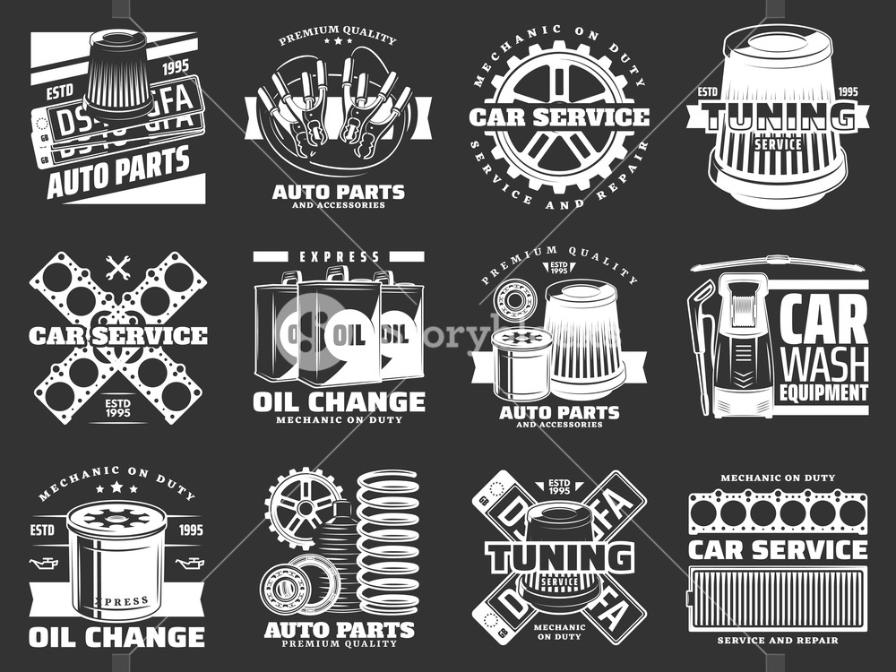 Car Service And Auto Parts Monochrome Icons Vector Royalty Free 1000x750 Car Service And Auto Parts Monochrome Icons Vector Royalty Free