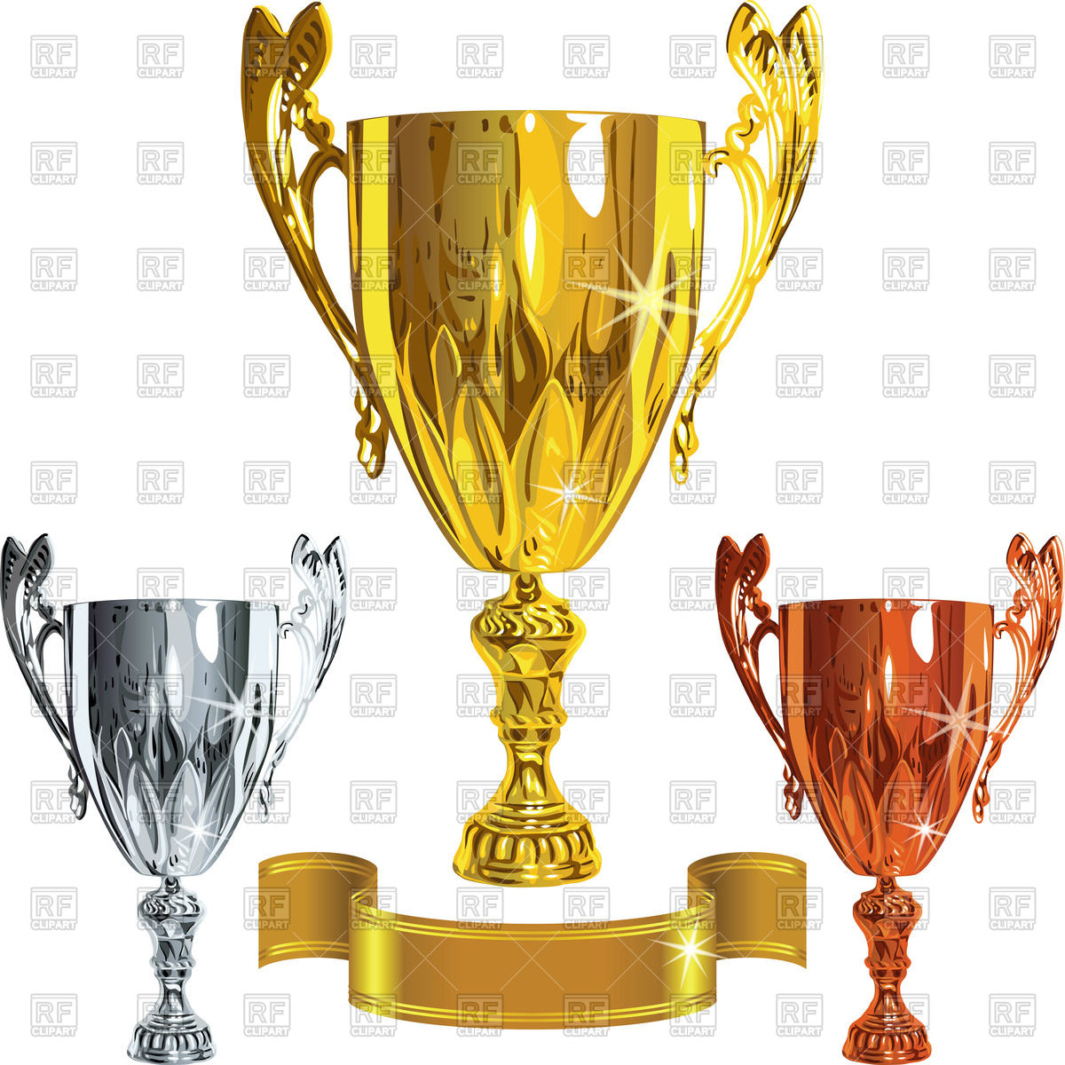 1200x1200 Gold, Silver, Bronze Cups And Gold Ribbon Banner Vector Image