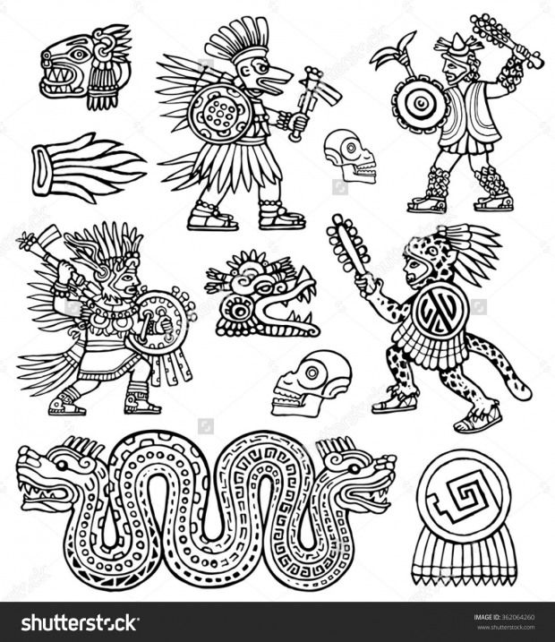 620x717 Aztec Warriors Skull Jaguar And Snake Vector Ink Illustration Set