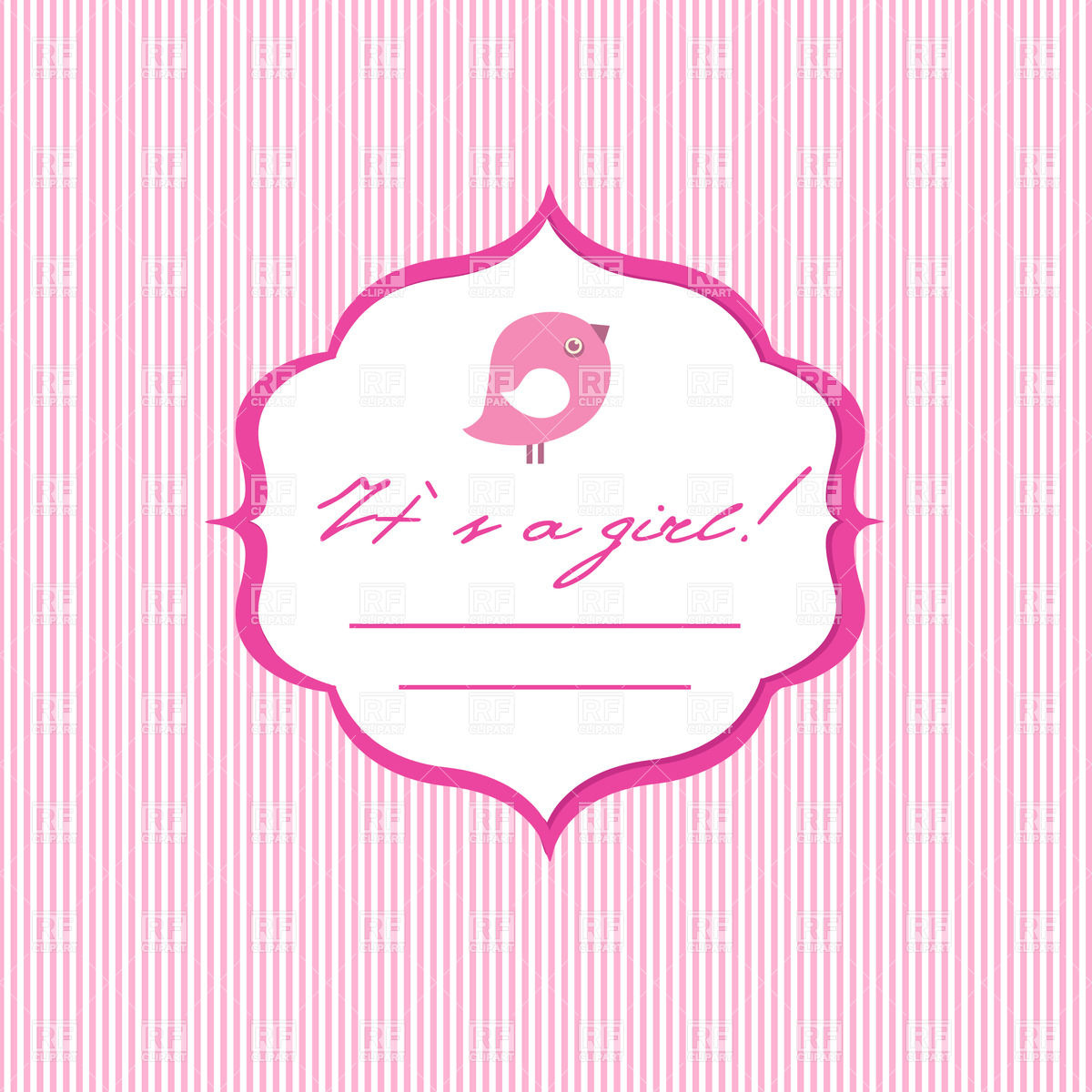 1200x1200 Baby Girl Arrival Announcement Card With Frame And Bird Vector