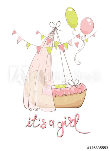 364x500 Newborn Baby Girl In Cradle Vector Illustration, Card
