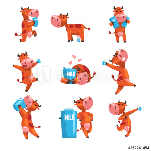 500x500 Funny Brown Cow With Cartons And Cans Of Milk Set, Farm Animal