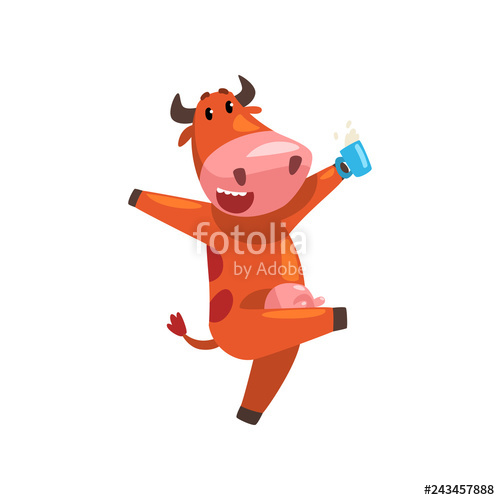 500x500 Happy Brown Cow With Cup Milk, Farm Animal Cartoon Character