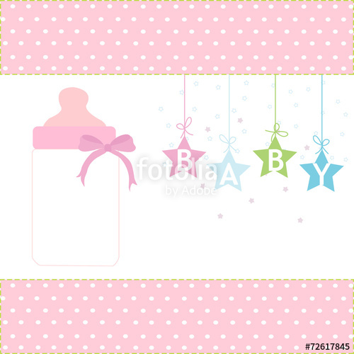 500x500 Baby Girl Greeting Card Hanging Stars And Bottle Background Stock