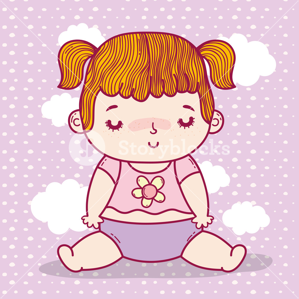 1000x1000 Baby Girl With Pigtails And Diaper Over Clouds Background Vector