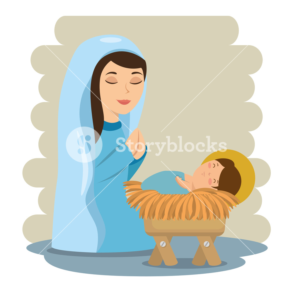 1000x1000 Merry Christmas Baby Jesus Lying In A Manger With Maria Vector