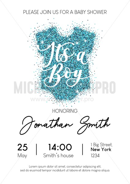 424x600 Boy Baby Shower Invitation Card With Blue Glittered Baby Clothing
