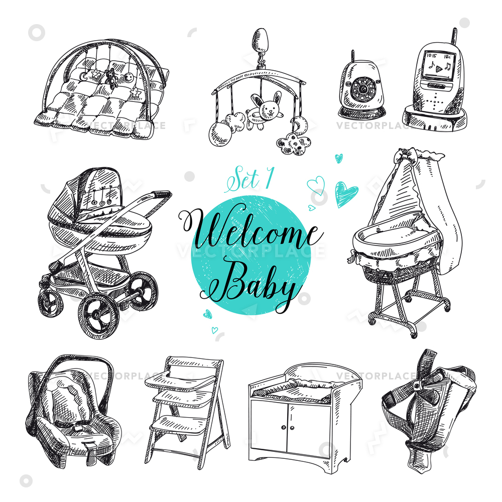 1000x1000 Set Highly Detailed Hand Drawn Baby Vector Illustration