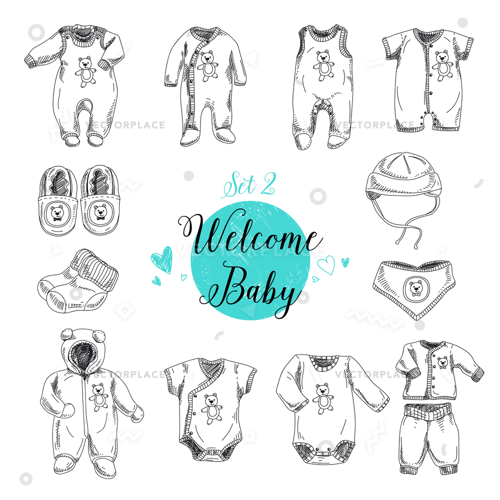 1000x1000 Set Highly Detailed Hand Drawn Baby Vector Illustration