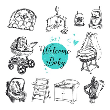 450x450 Vector Set Of Highly Detailed Hand Drawn Baby Stuff Vintage Signs