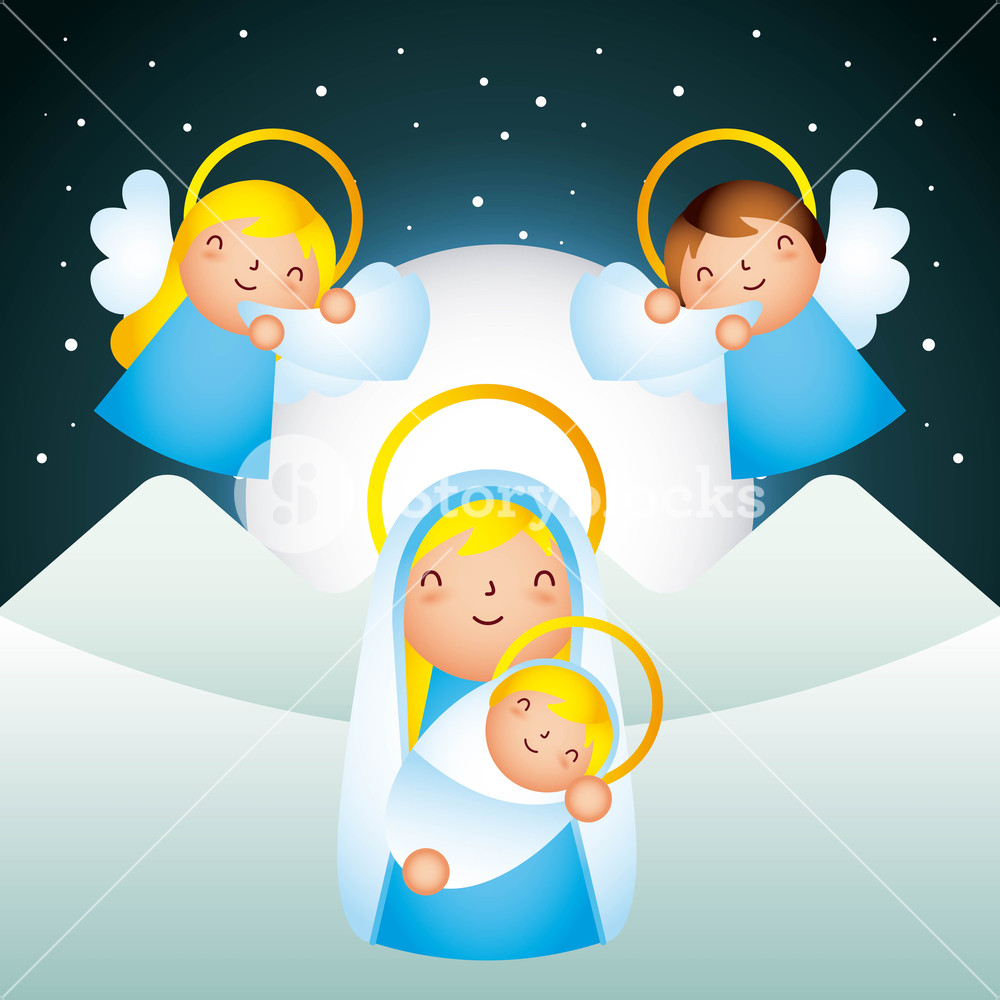 1000x1000 Manger Epiphany Angels Playing Trumpets Mary Holding Baby Vector