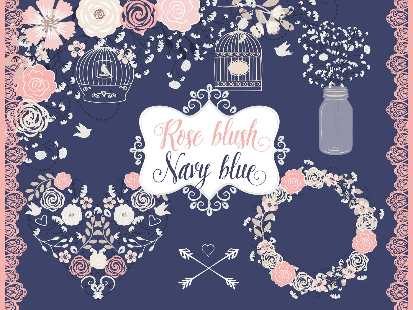 1400x1050 Vector Navy Blue And Rose Blush Babys Breath Cage Bird Design