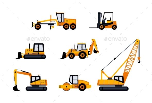 590x399 Construction Vehicles Modern Vector Flat Design Icon Set