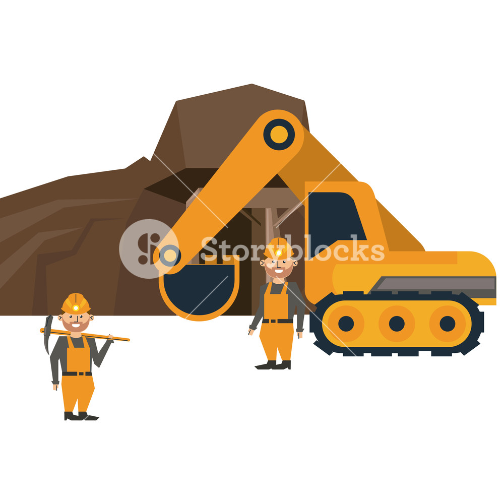 1000x1000 Ming Cave With Workers And Backhoe Vector Illustration Graphic
