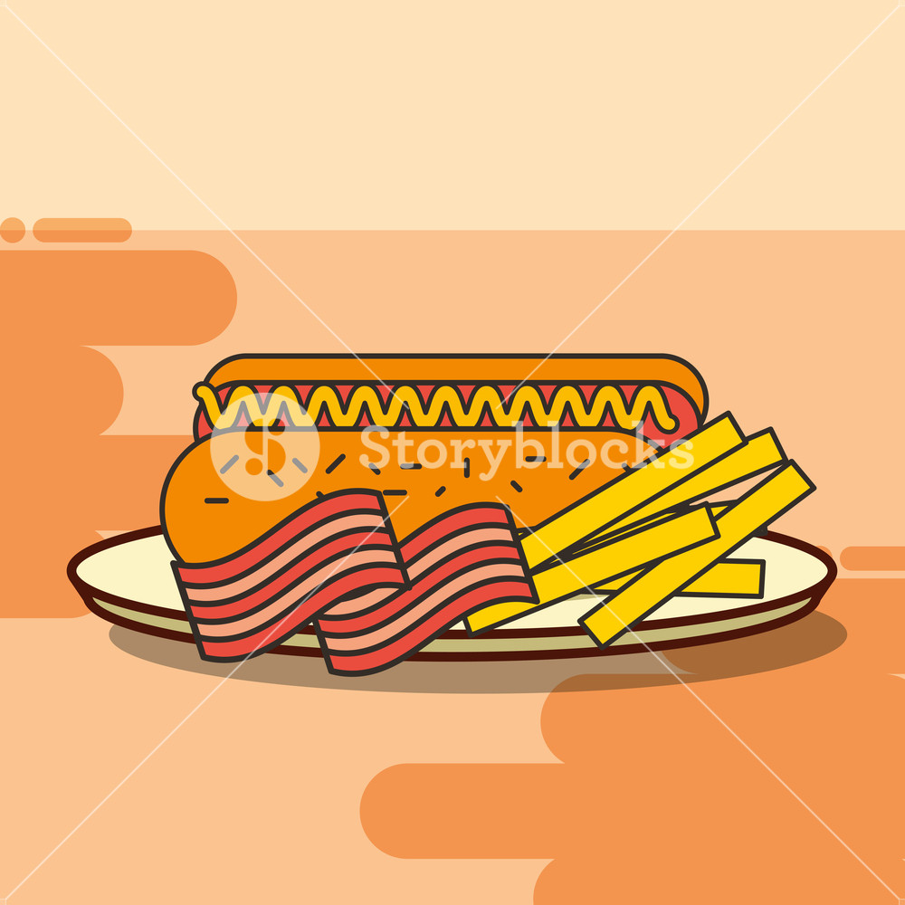 Fast Food Hot Dog French Fries And Bacon Vector Illustration 1000x1000 Fast Food Hot Dog French Fries And Bacon Vector Illustration