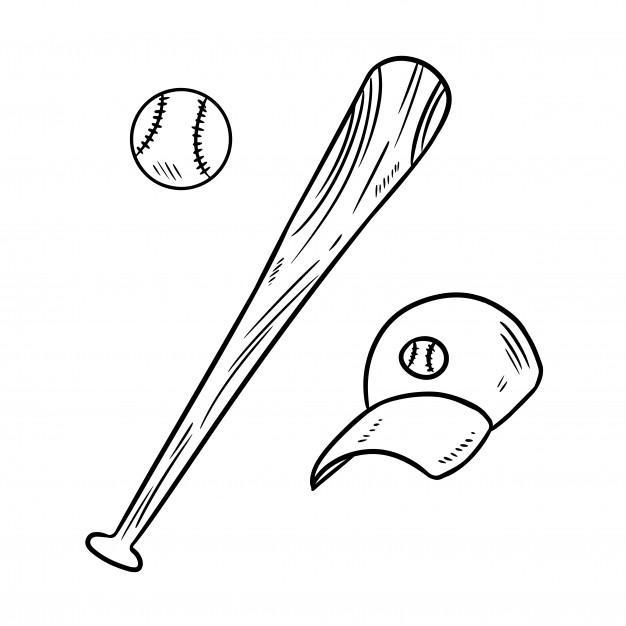 626x626 Baseball Ball, Cap And Bat Hand Drawn Sketch Doodles Vector