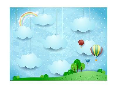400x300 Surreal Landscape With Hanging Clouds And Hot Air Balloons Vector