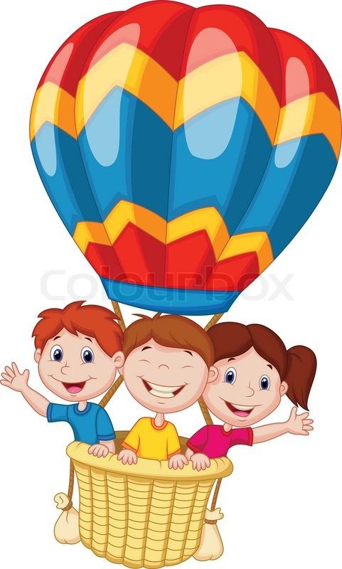 481x800 Happy Kids Cartoon Riding A Hot Air Balloon Stock Vector
