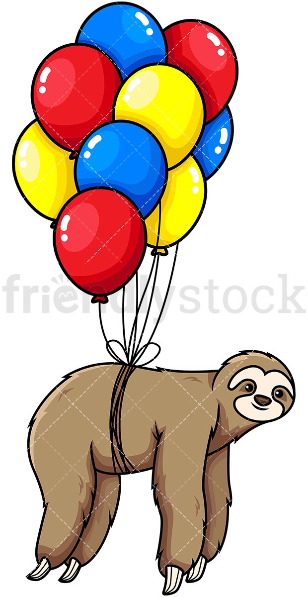 620x1200 Sloth Flying With Balloons Cartoon Vector Clipart