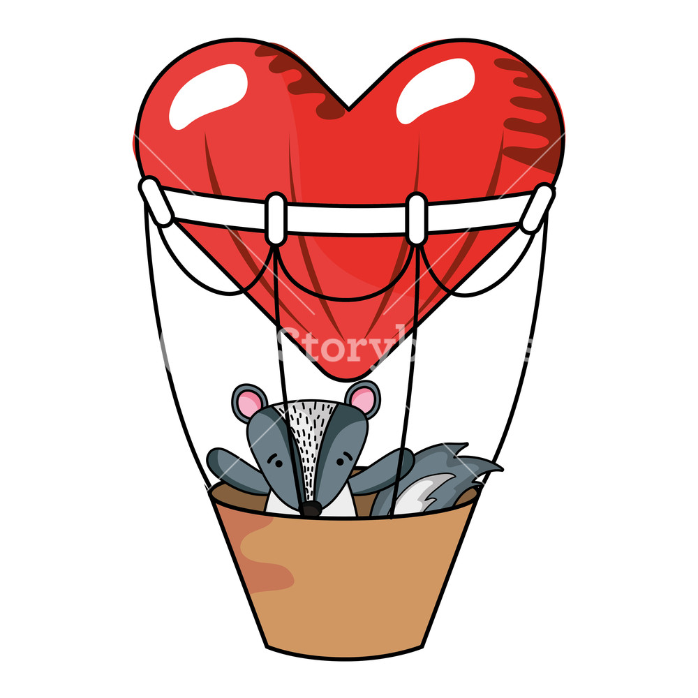 1000x1000 Cute Animal Skunk Flying Over Heart Hot Air Balloon Cartoon Vector