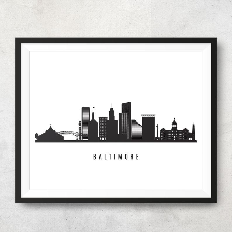 794x794 Baltimore Skyline Printable Baltimore Maryland Black White Etsy