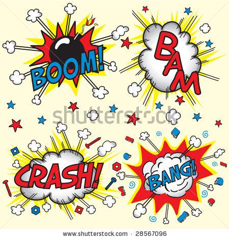 450x470 Crash, Boom, Bam And Bang! Four Grouped Comic Book Cloud Bursts