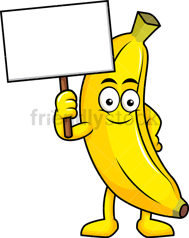 800x1010 Banana Mascot Holding Blank Sign Cartoon Vector Clipart. 