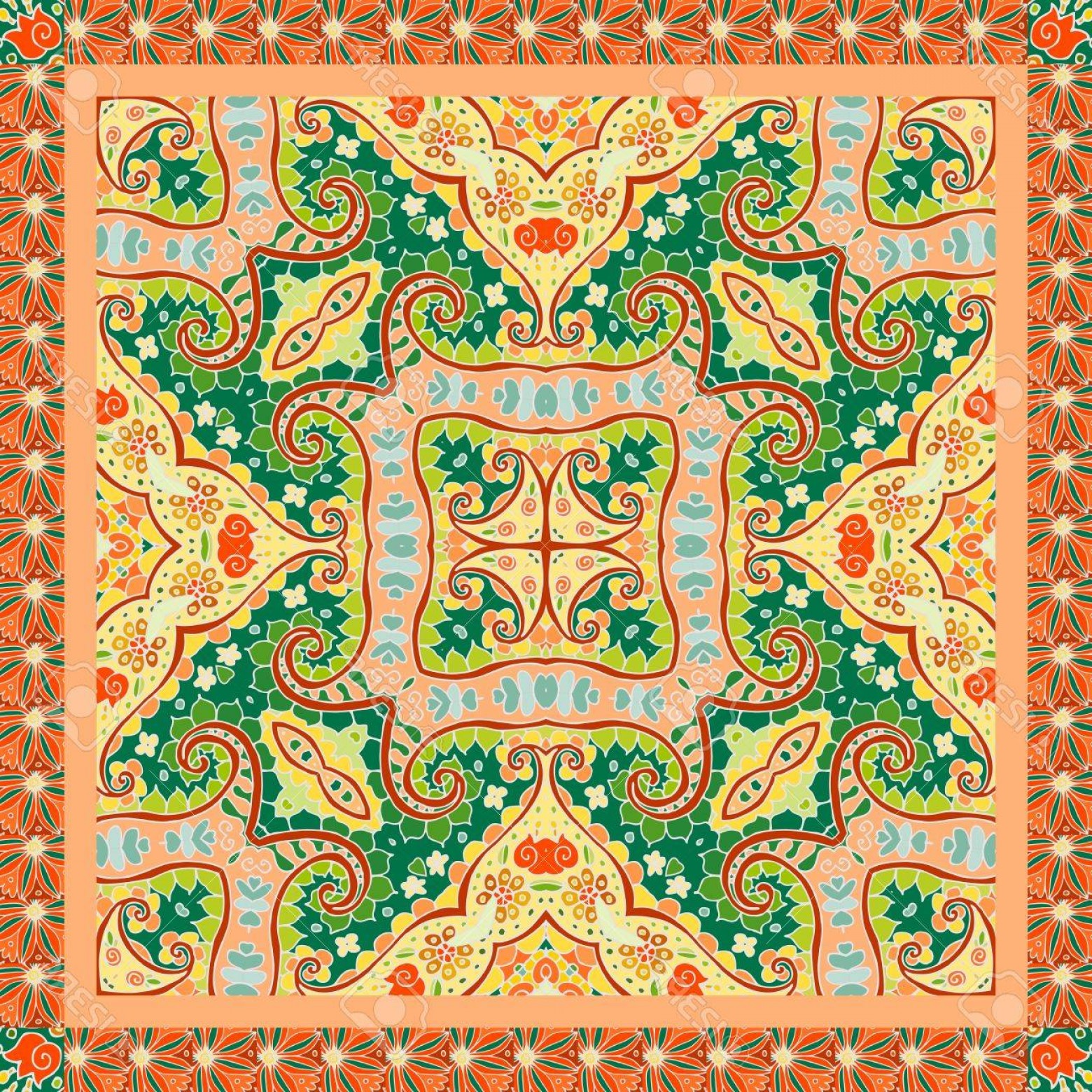Photostock Vector Indian Bandana Print In Green And Orange Tones 1560x1560 Photostock Vector Indian Bandana Print In Green And Orange Tones