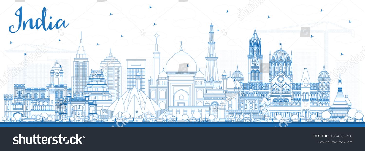 1500x624 Outline India City Skyline With Blue Buildings Delhi Mumbai