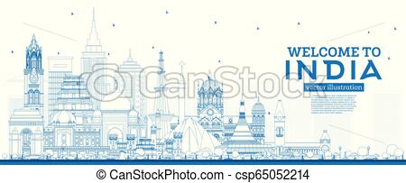 450x203 Outline Welcome To India City Skyline With Blue Buildings Delhi