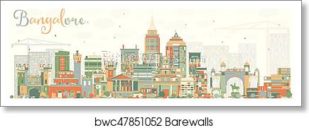 435x181 Abstract Bangalore Skyline With Color Buildings, Art Print