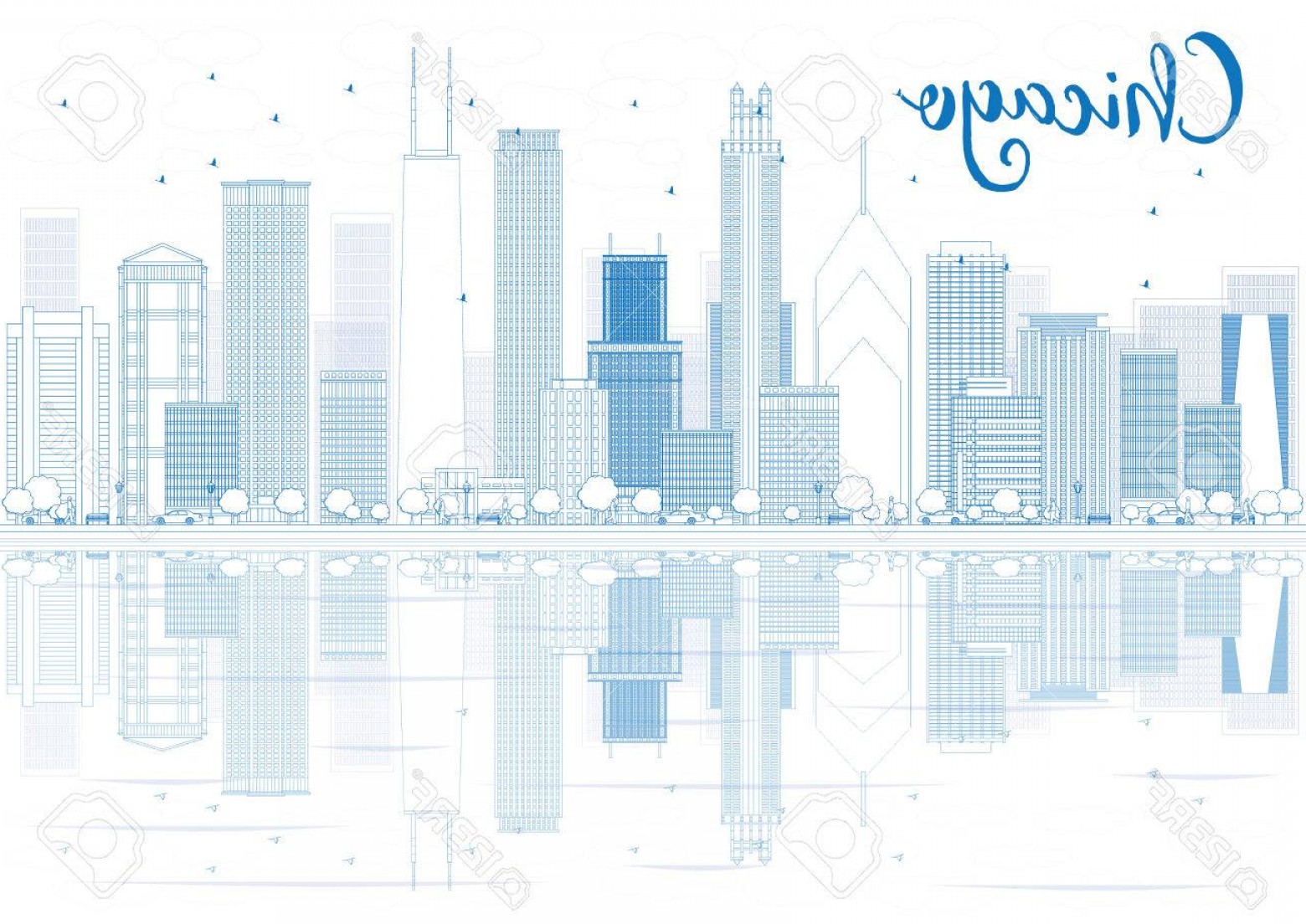 1560x1104 Photostock Vector Outline Chicago Skyline With Blue Buildings