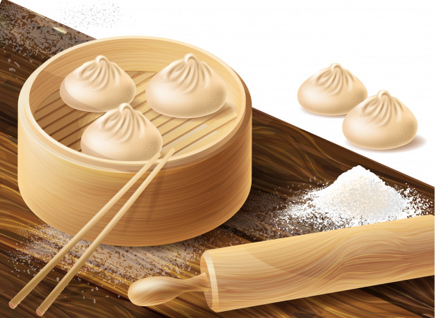 626x458 Chinese Dumplings Or Xiao Long Bao In Bamboo Steamer Vector