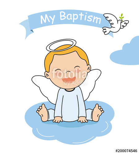 450x500 Baptism Invitation Card Smiling Angel Boy Sitting On A Cloud