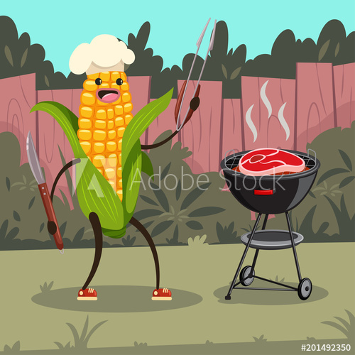 500x500 Funny Corn In A Chef Hat With Barbecue Vector Cartoon Cute