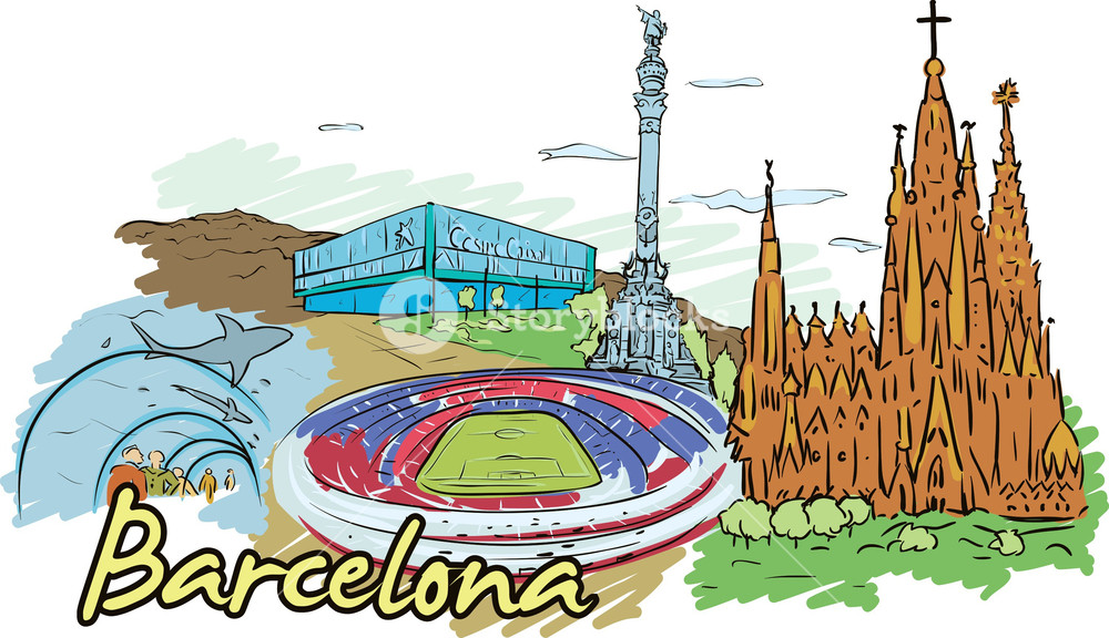 1000x576 Barcelona Vector Doodle Royalty Free Stock Image