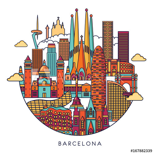 500x500 Barcelona Skyline Detailed Silhouette Vector Line Illustration
