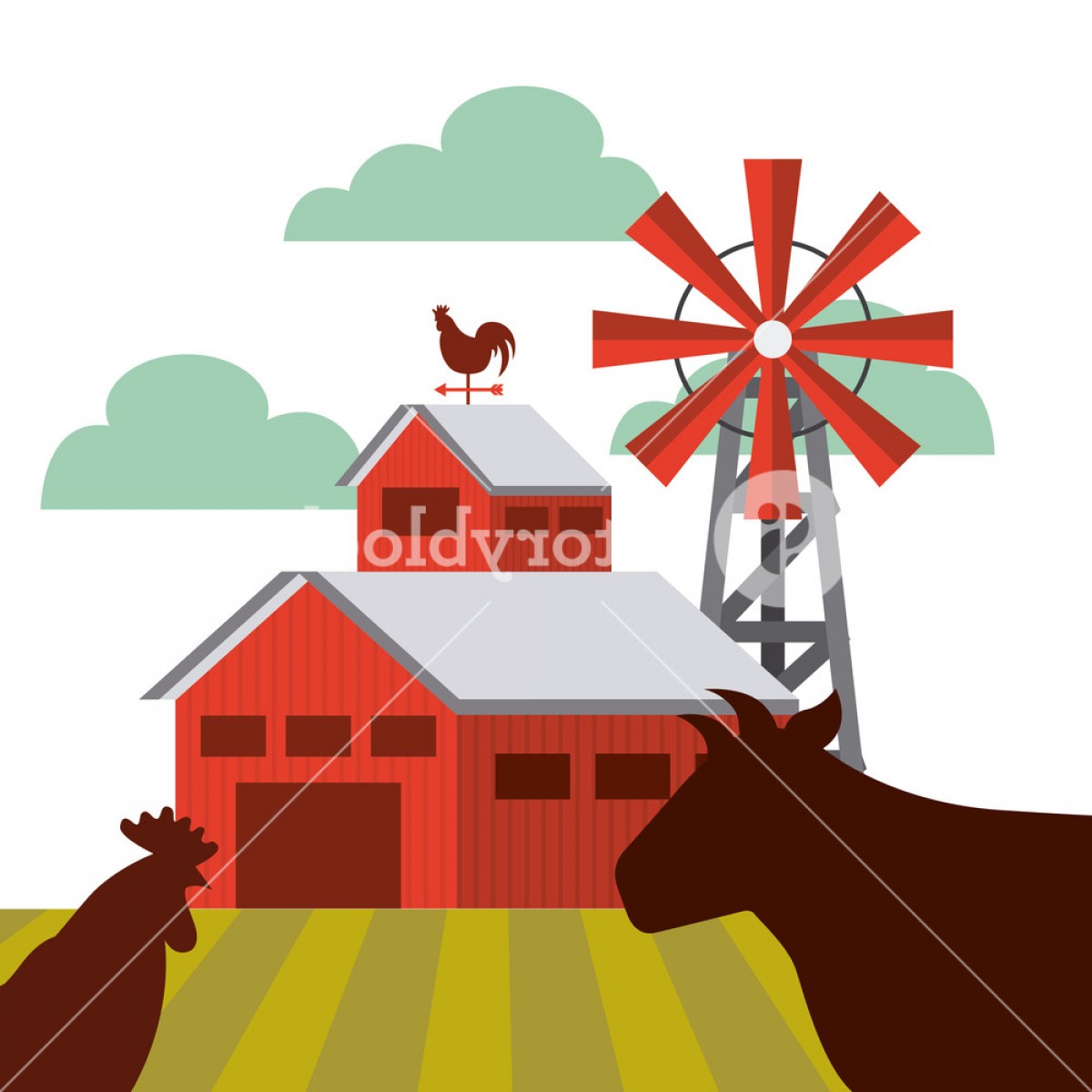 1200x1200 Farm Barn And Silhouette Of Cow And Chicken Icon Colorful Design