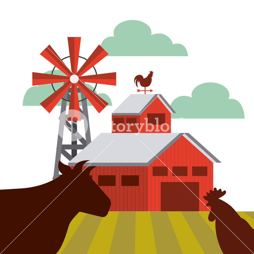 1000x1000 Farm Barn And Silhouette Of Cow And Chicken Icon Colorful Design