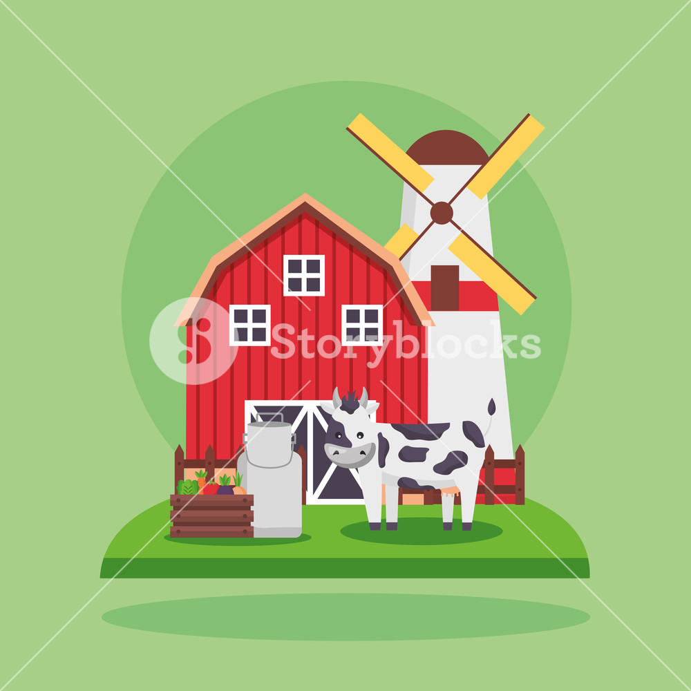 1000x1000 Barn Mill Cow Milk Vegetables Farm Fresh Cartoon Vector