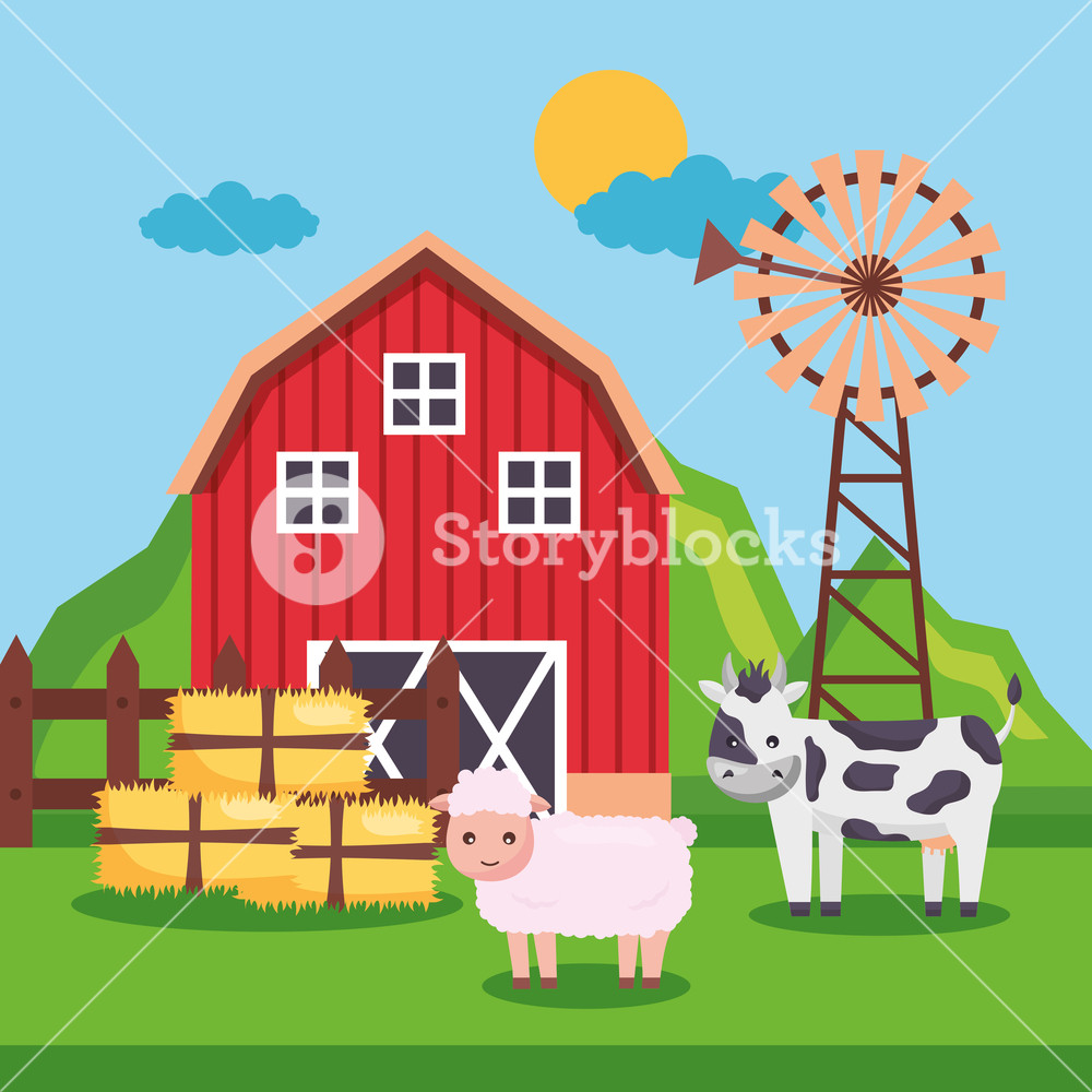 1000x1000 Barn Pig Cow Mill Bales Of Hay Farm Fresh Cartoon Vector