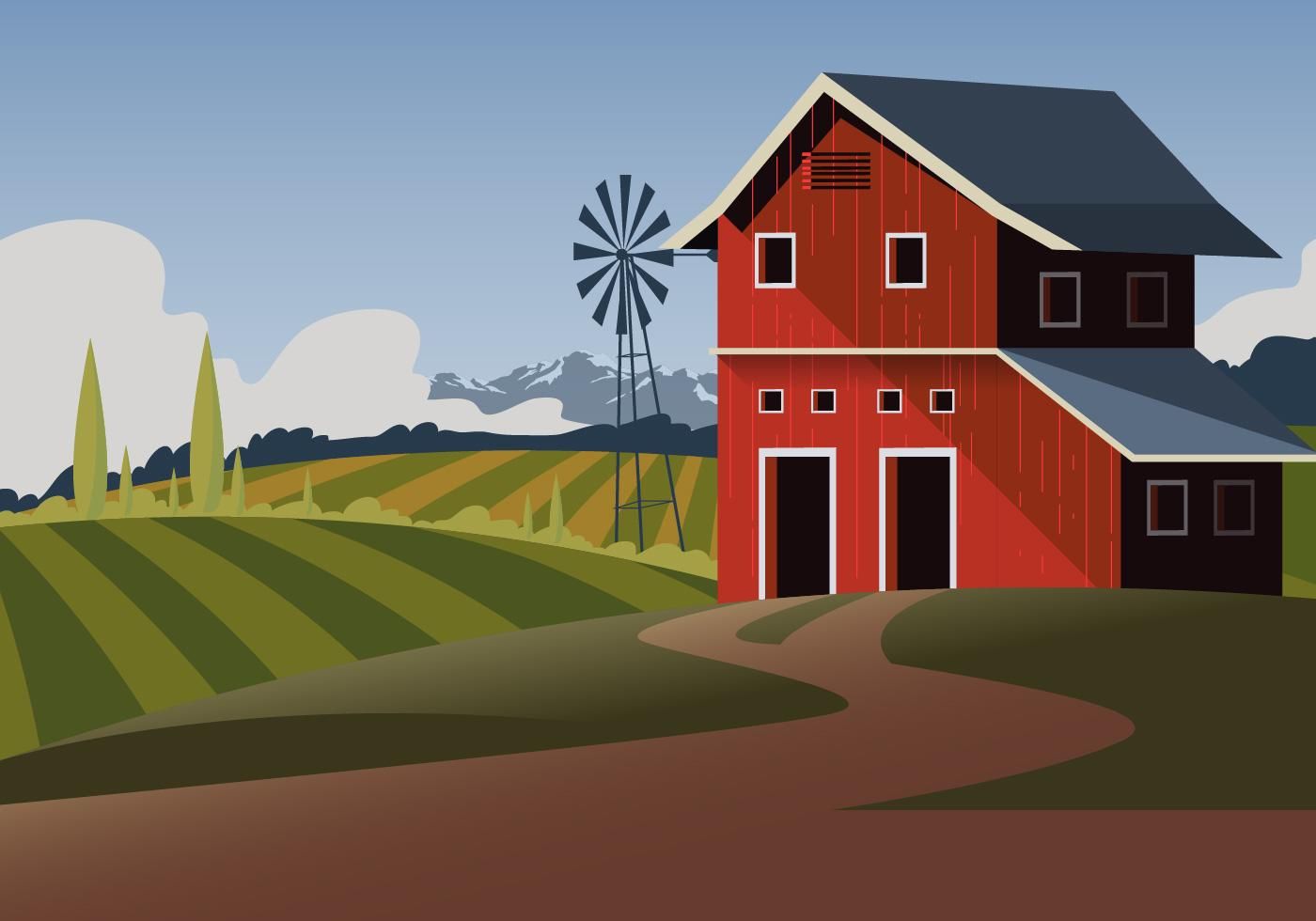 1400x980 Red Barn Vector Scene Wall Art In Landscape Illustration