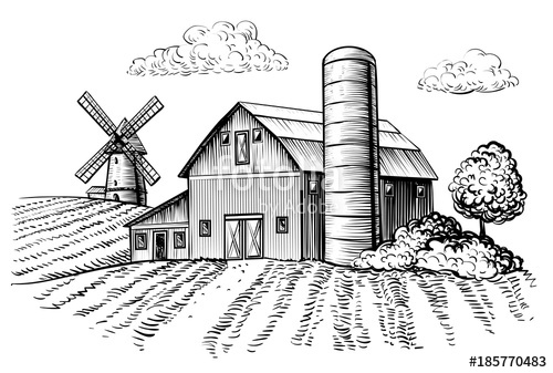 500x337 Rural Landscape, Farm Barn And Windmill Sketch Hand Draw