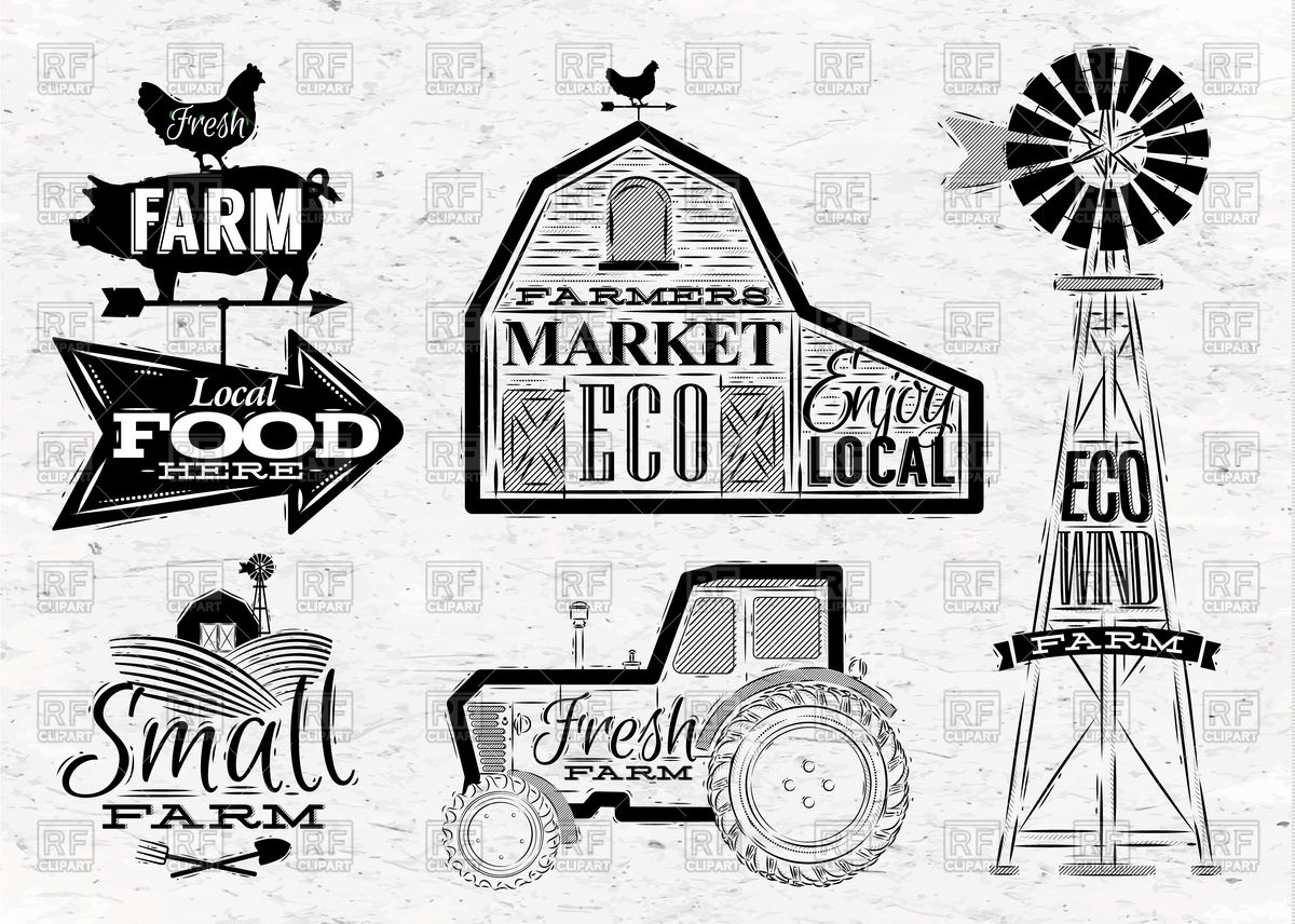 1200x856 Farm In Vintage Style With Tractor, Barn And Mill Vector Image