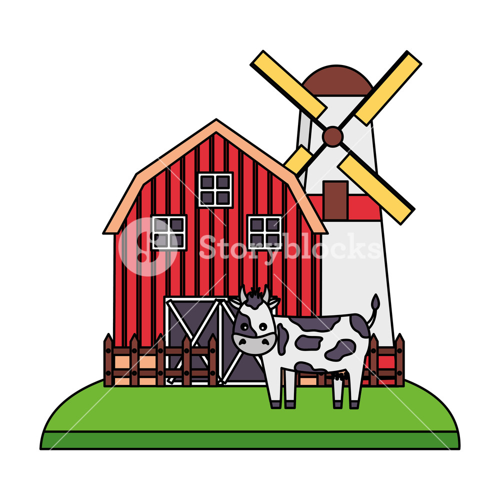 1000x1000 Barn Windmill Cow Fence Farm Vector Illustration Royalty Free