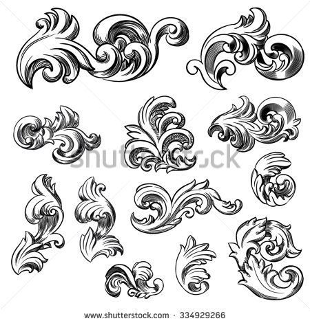 450x470 Set Of Vector Vintage Baroque Engraving Floral Scroll Filigree