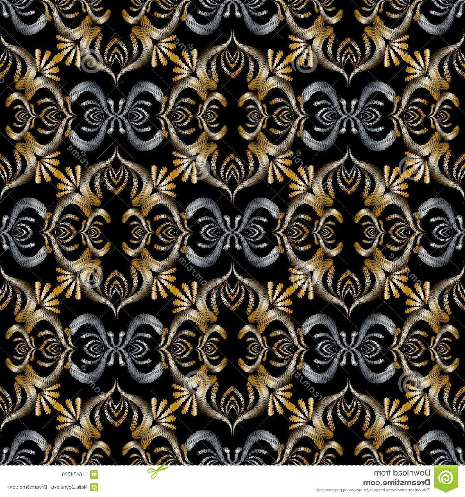 1560x1668 D Embroidery Baroque Seamless Pattern Vector Black Gold Silver D